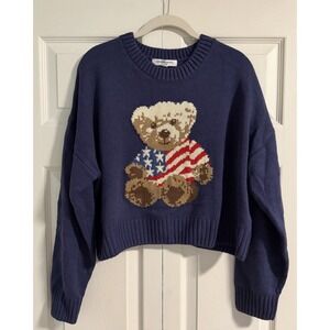 Grayson Threads Sweater Womens XL Blue Teddy Bear American Flag USA Cropped RL